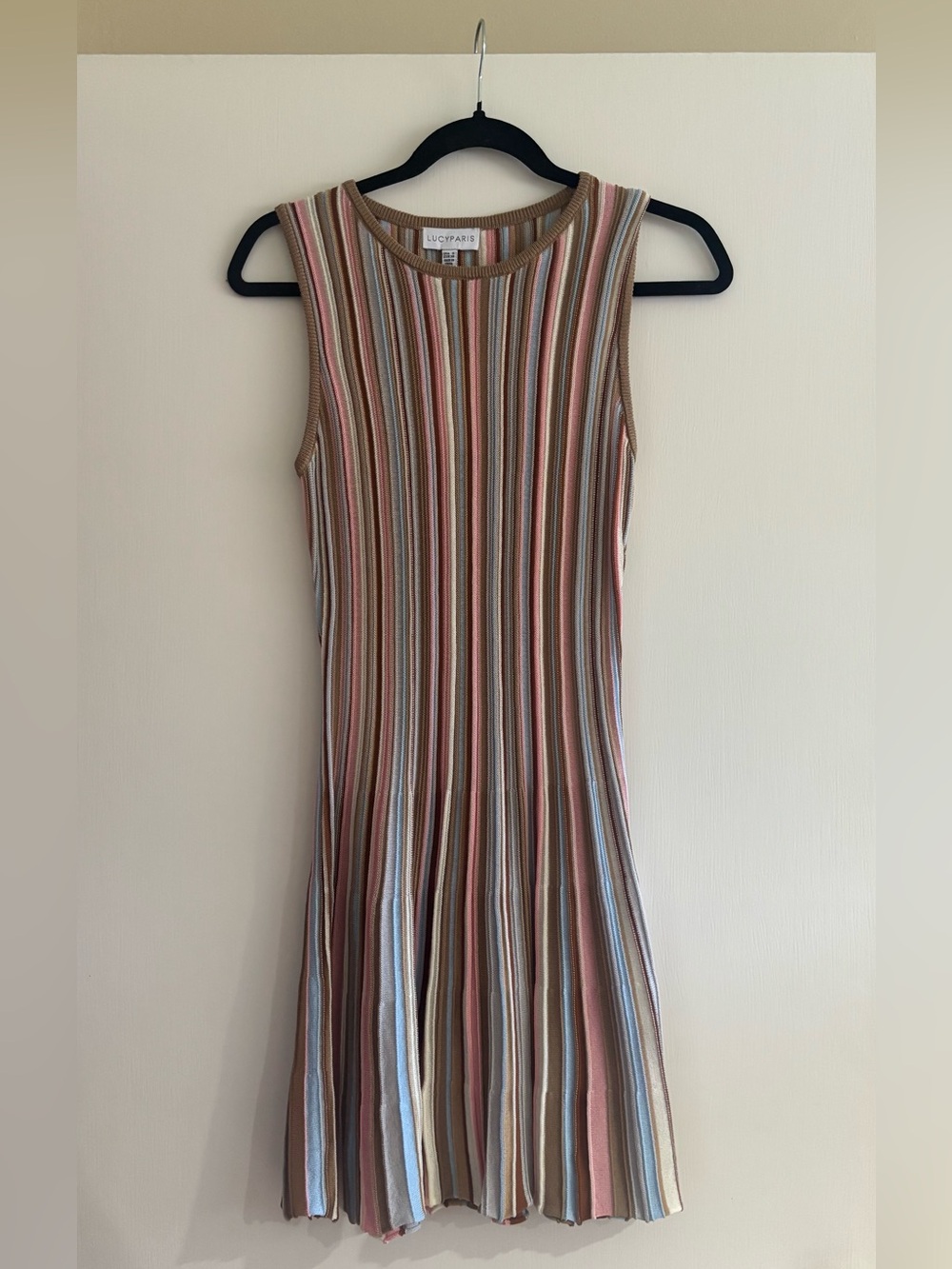 Lucy Paris Striped Knit Sleeveless Midi Dress in Beige, Pink, Blue & Tan